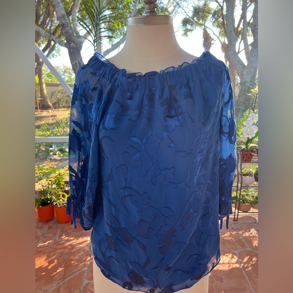 White House Black Market Size X-Small Floral Blue Sheer Blouse